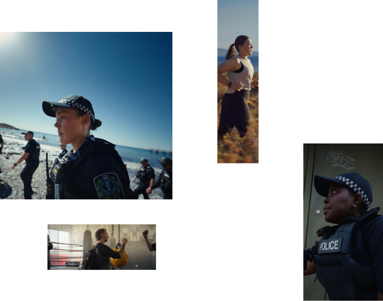 Composite layout of scenes from SAPOL’s police recruitment video showing officers in training, on duty, and in community settings.