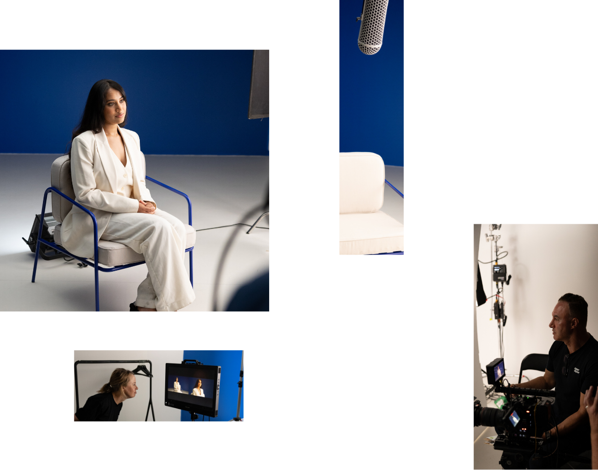 A collage of behind-the-scenes images from a corporate video shoot with the Legal Services Commission of South Australia, including interview setup, camera crew, studio lighting, and talent preparation.