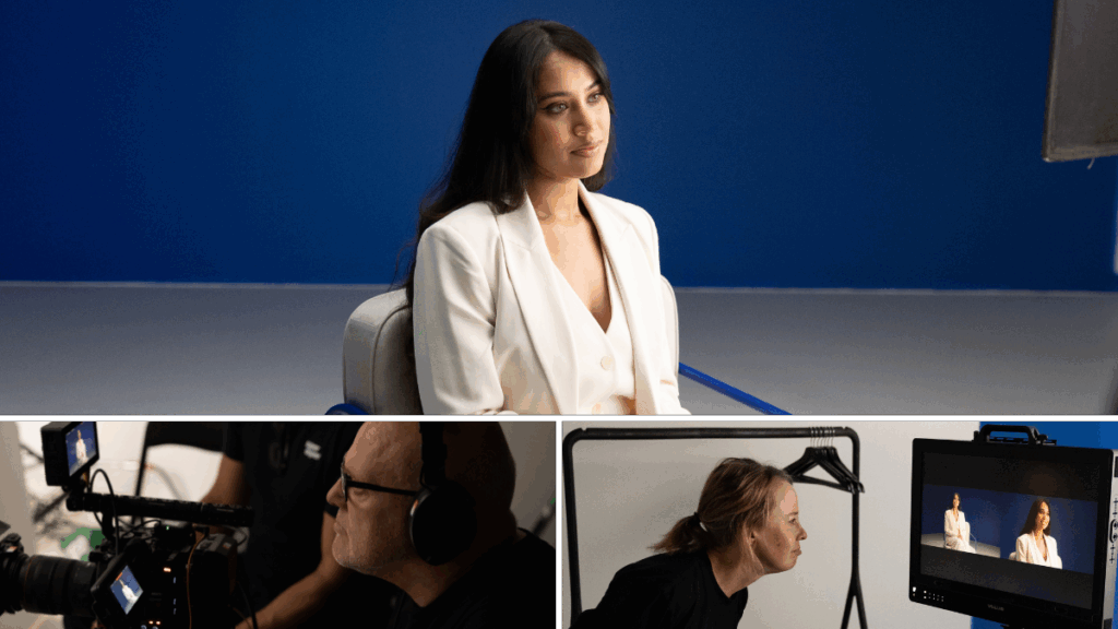 Collage of a woman in a white suit being filmed against a blue backdrop, with behind-the-scenes shots of the camera operator and director reviewing her interview on monitors.