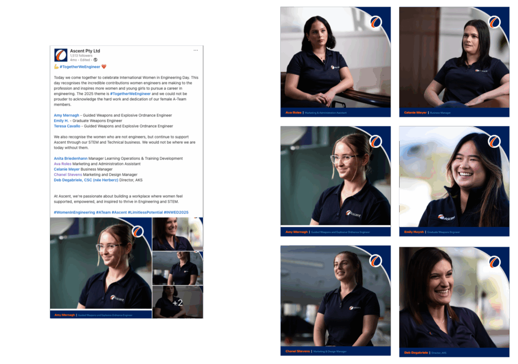 Ascent recruitment content, Women in Engineering Day LinkedIn carousel with engineer portraits.
