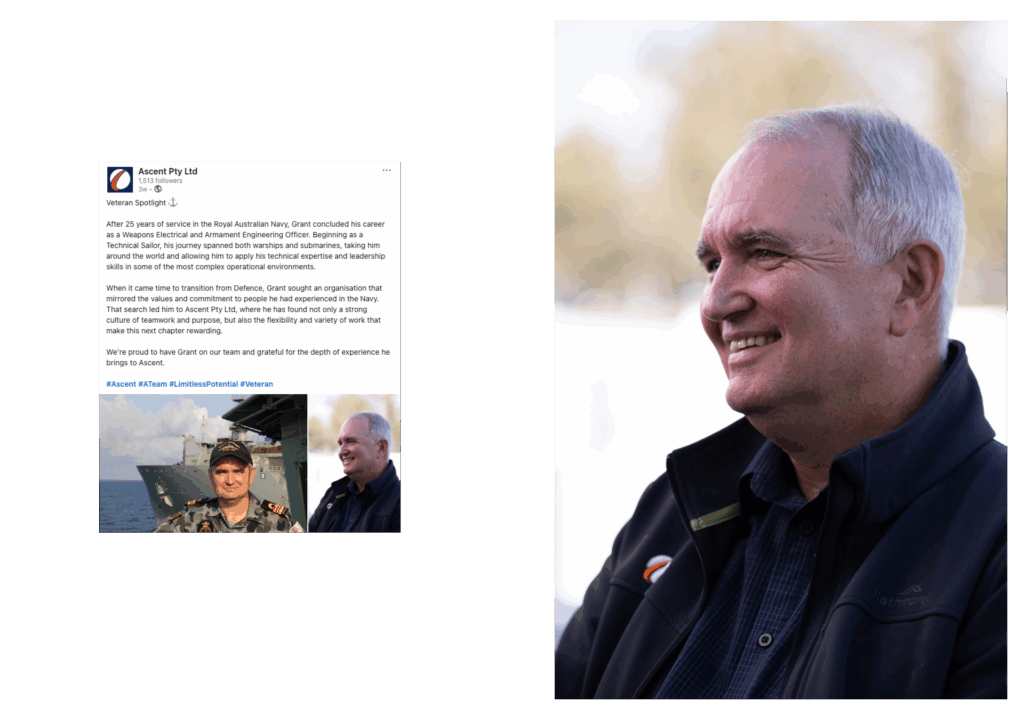 Ascent recruitment content, veteran spotlight portraits used on LinkedIn and Careers.
