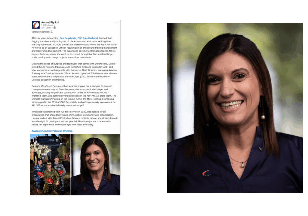 Ascent recruitment content, veteran spotlight portraits used on LinkedIn and Careers.