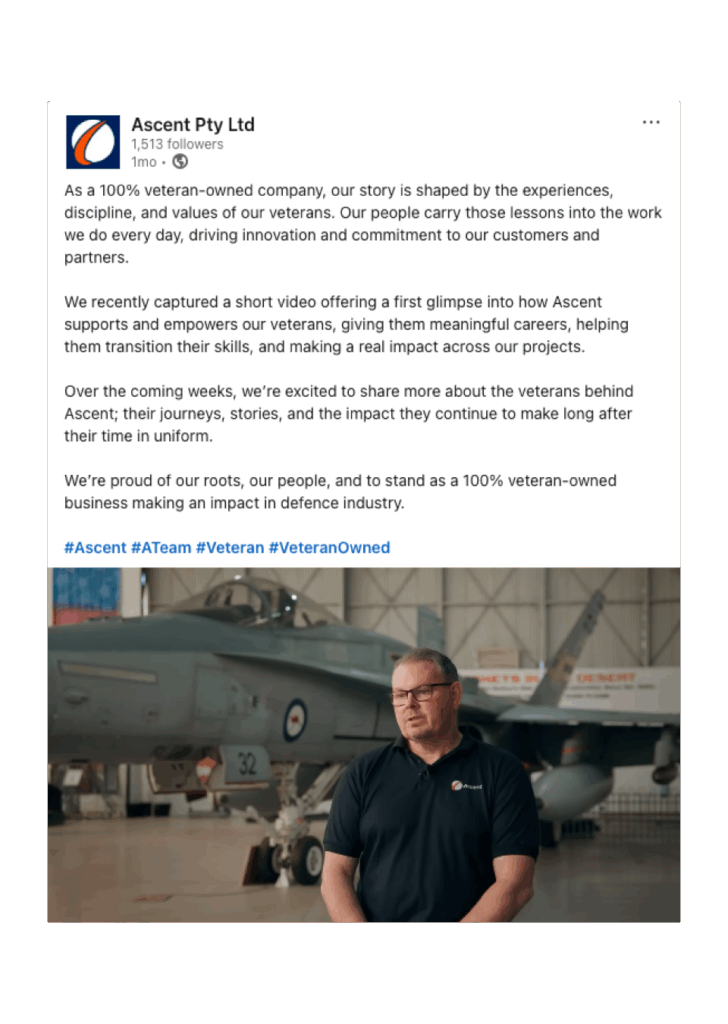 Ascent recruitment content, veteran employees interview video about transitioning from the armed forces into Ascent.