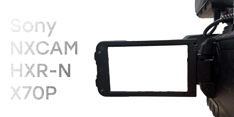 Black graphic with large white text reading “Sony NXCAM HXR-NX70P” beside a close-up of a Sony camcorder and its flip-out screen showing camera spec text.