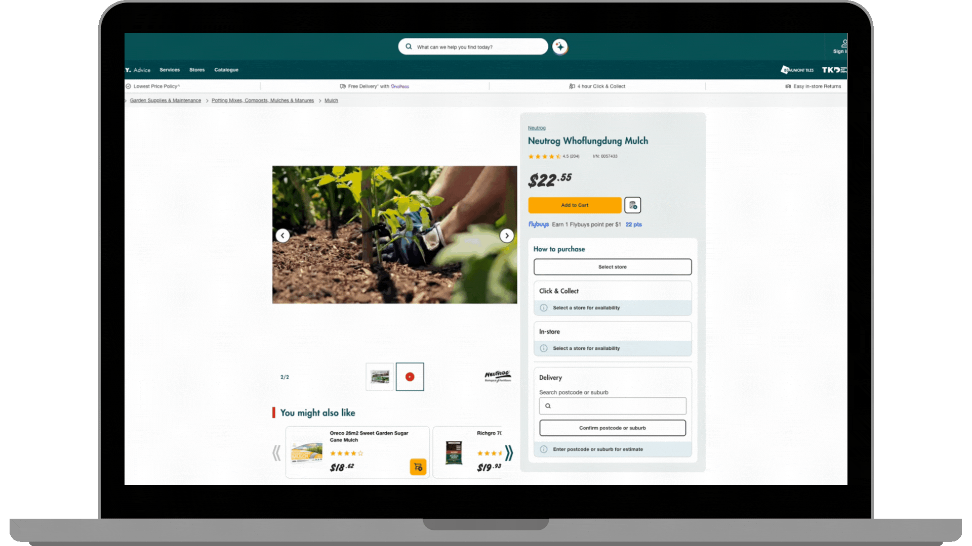 Laptop showing the Bunnings Australia website with the Neutrog 'How To' Videos displayed on the product page